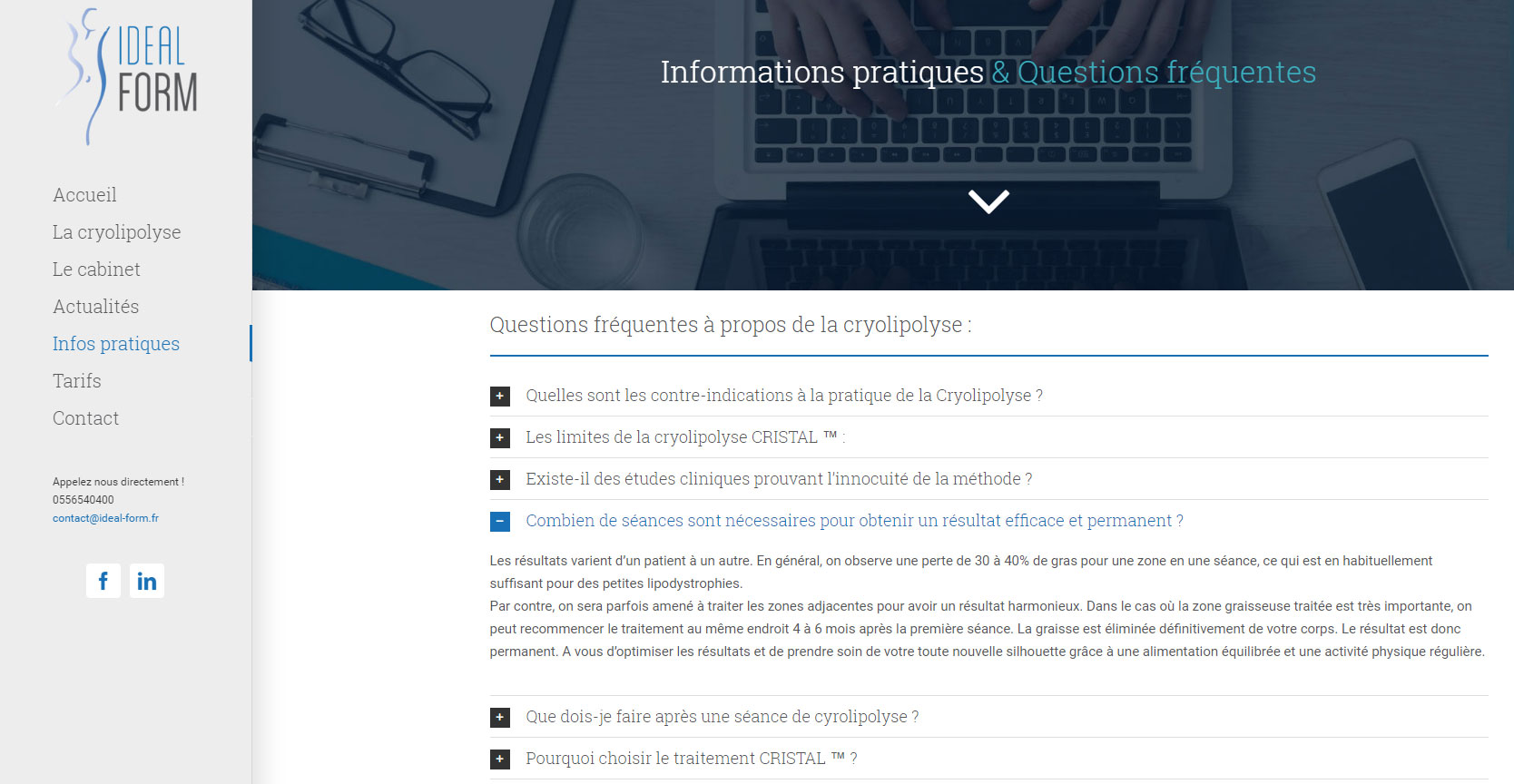 Capture d'écran de la page "Infos pratiques" du site web Ideal Form