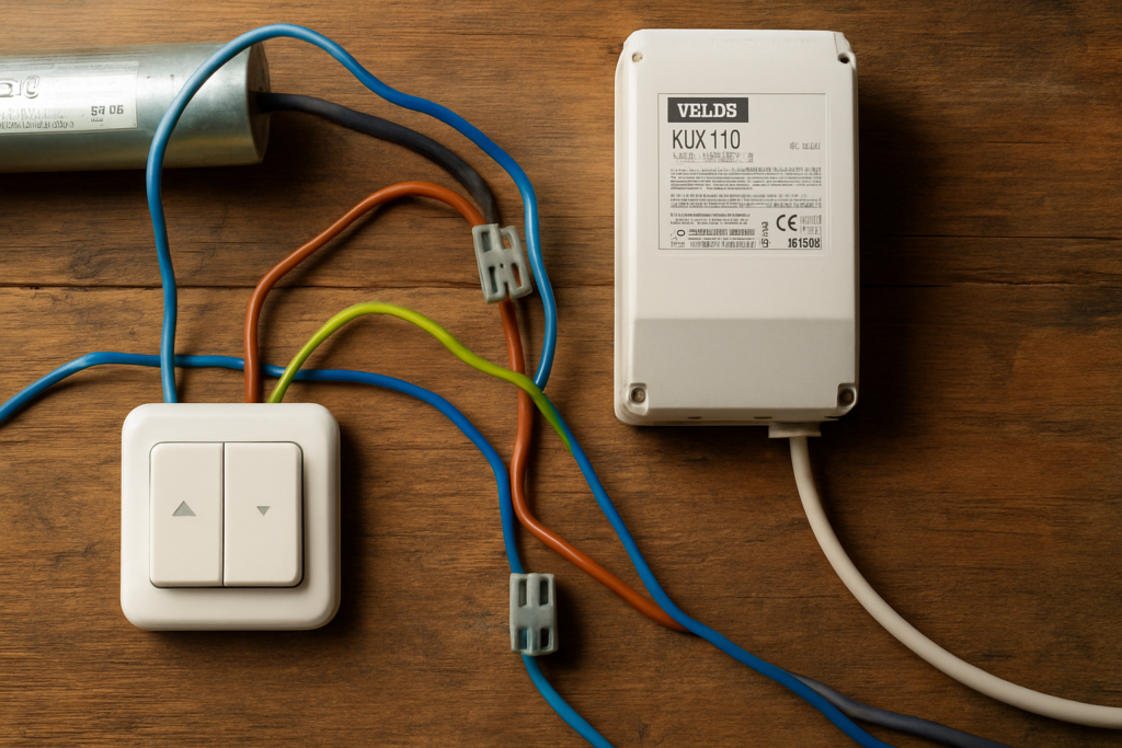 Schéma électrique branchement volet roulant Velux 24V : câblage complet avec transformateur KUX 110 et inverseur de polarité